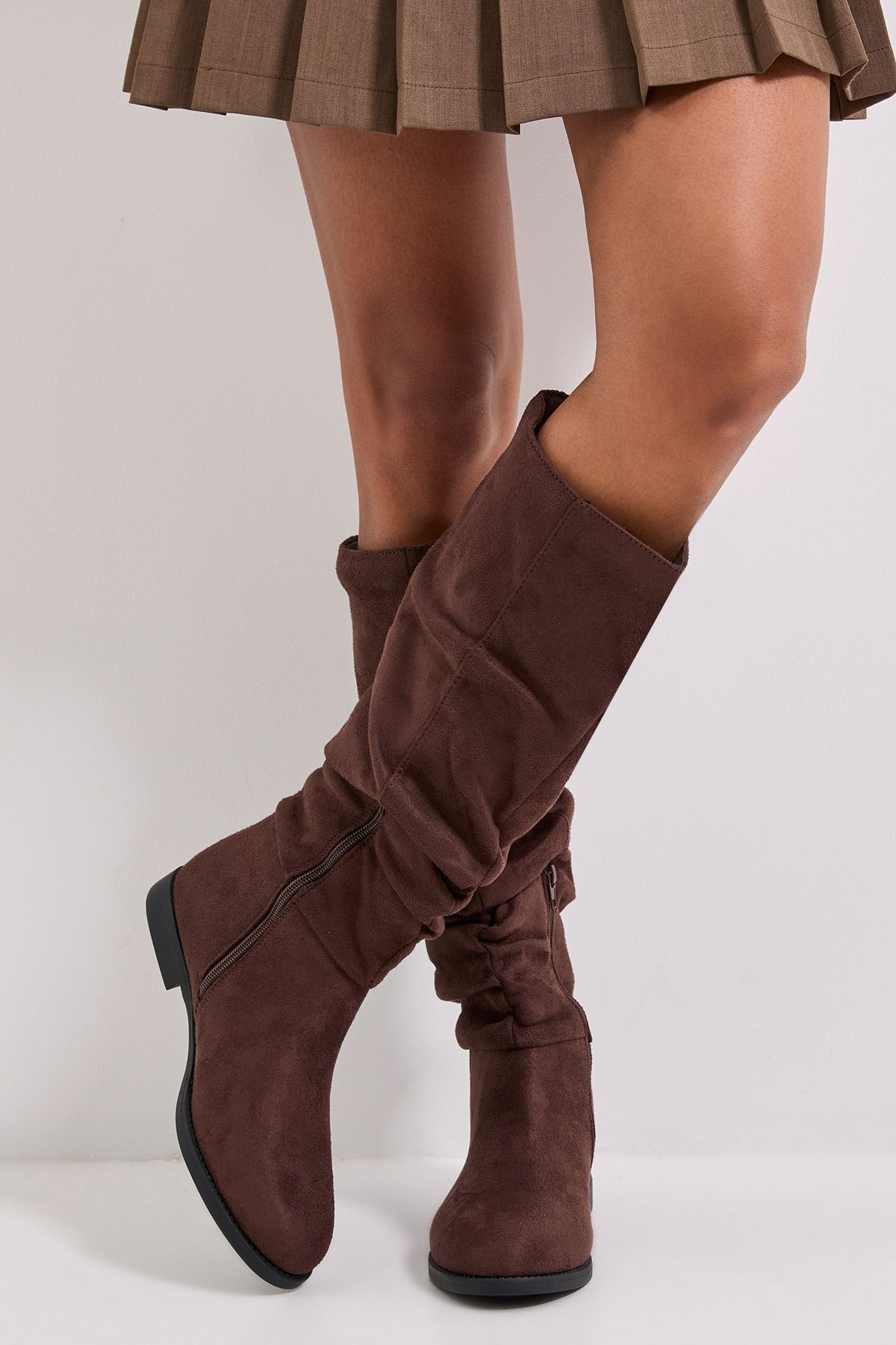 Dorothy Perkins Wide Fit Karina Faux Suede Flat Knee High Ruched Boots Brown image 2