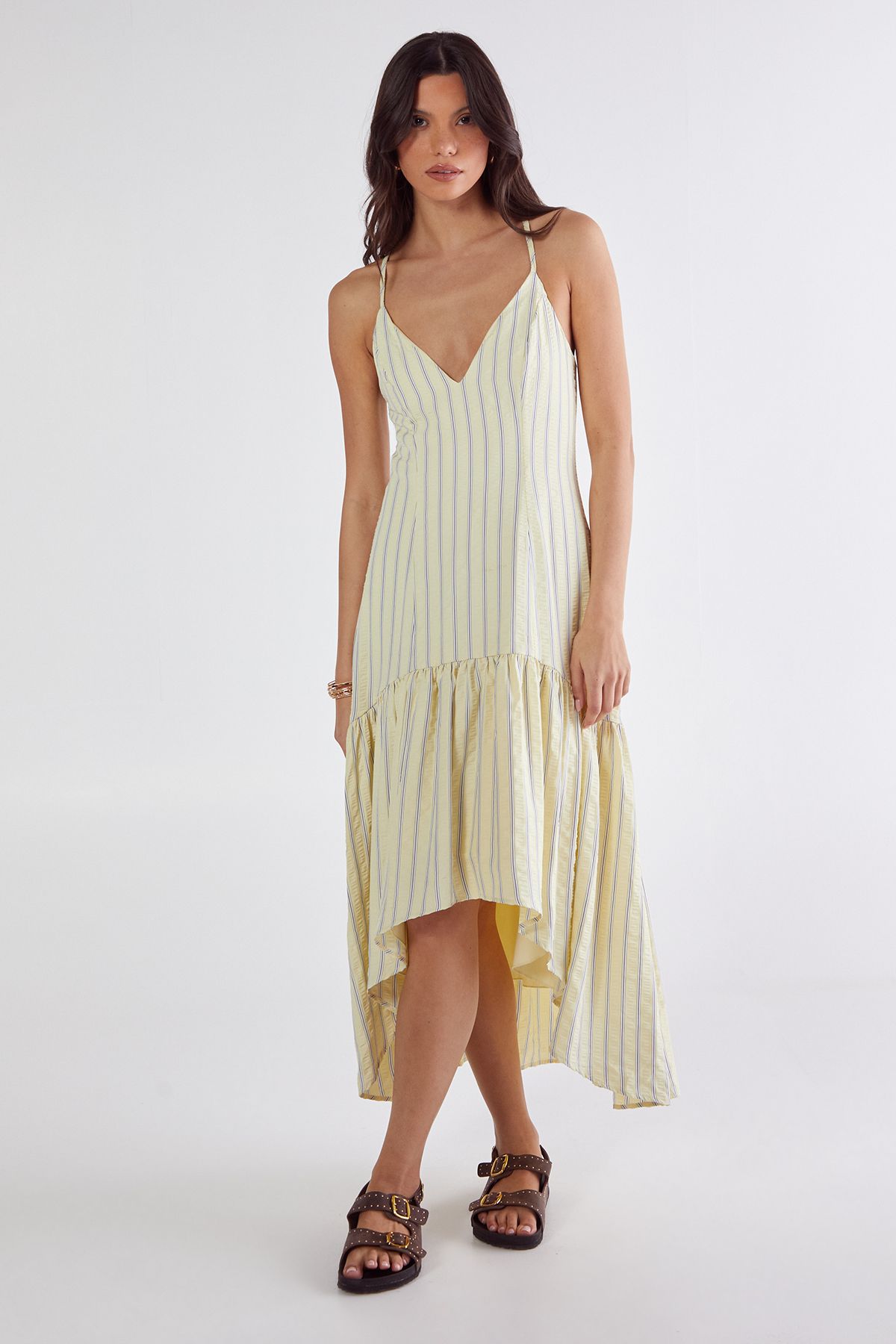 NastyGal Textured Stripe Dipped Hem Maxi Dress Lemon image 2