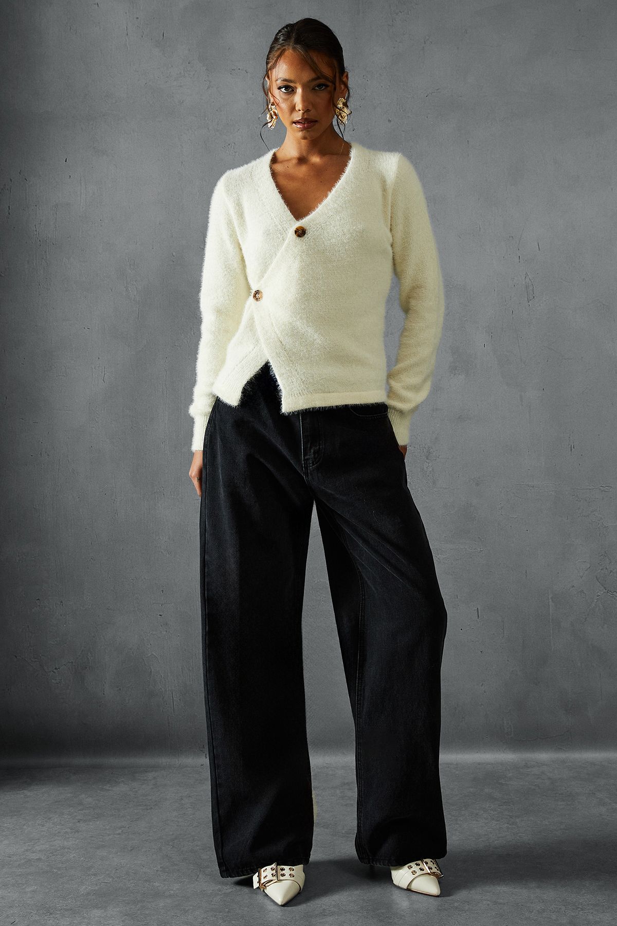 MissPap Eyelash Knit Asymmetric Cardigan Cream image 4