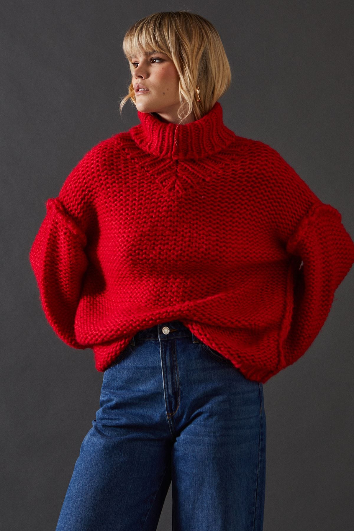 Warehouse Exposed Seam Super Chunky Knitted Jumper Red image 1
