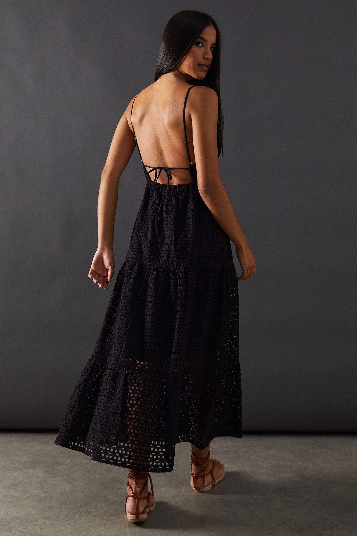 Warehouse Broderie Strappy Midi Sundress Black image 3