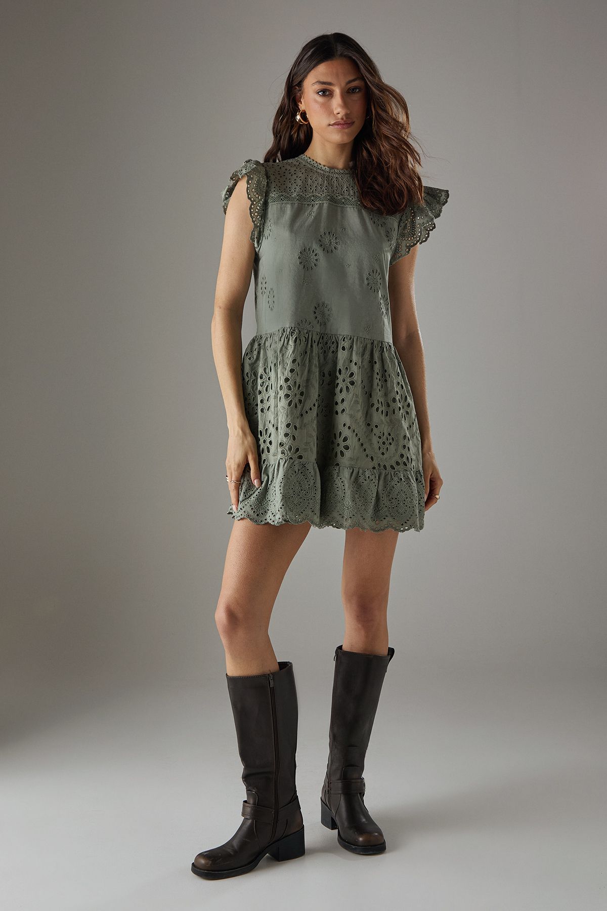 Warehouse Broderie Mix Tier Mini Smock Dress Khaki image 1