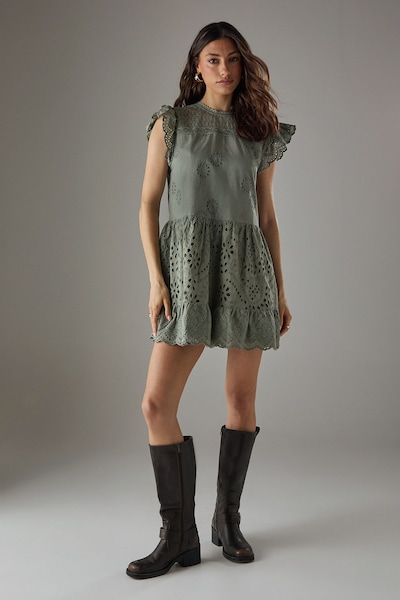 Warehouse Broderie Mix Tier Mini Smock Dress Khaki