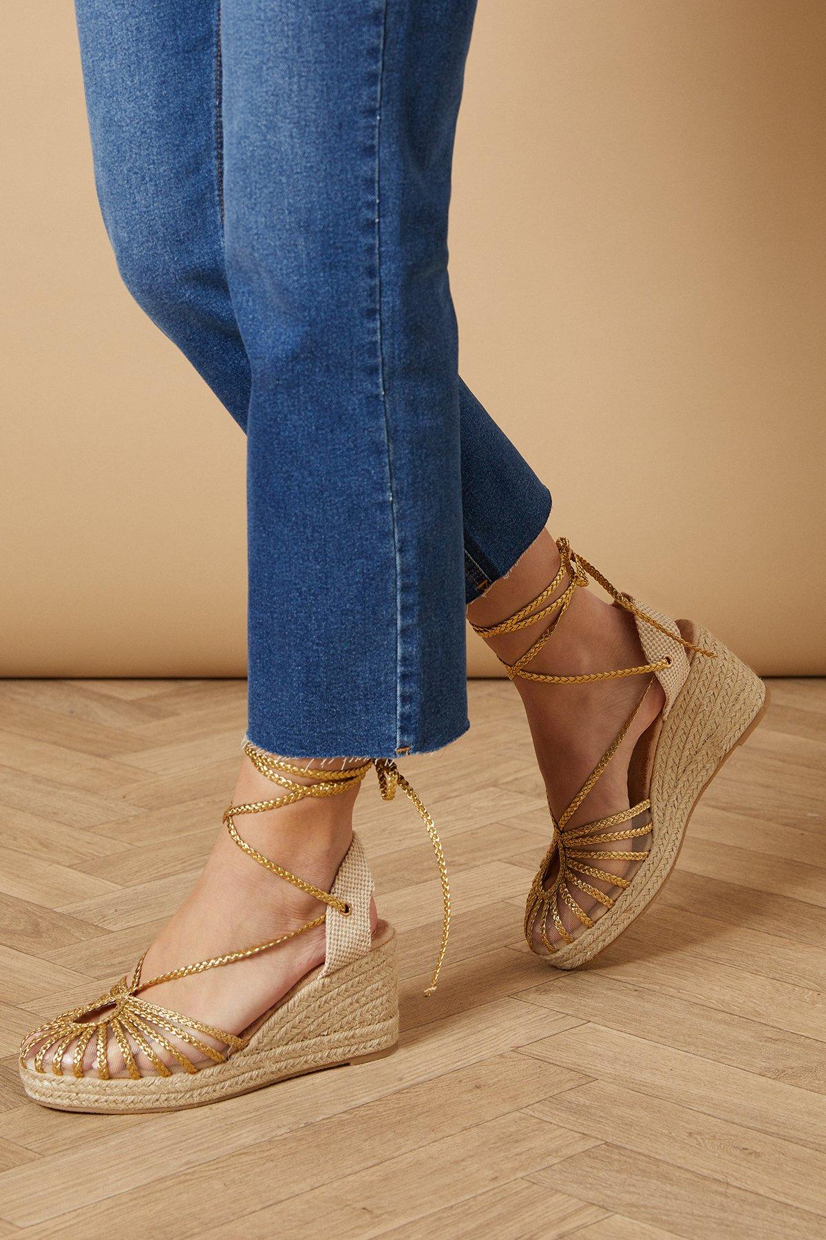 Oasis Angie Faux Metallic Leather Plaited Ankle Tie High Espadrille Wedge Sandals Gold image 2
