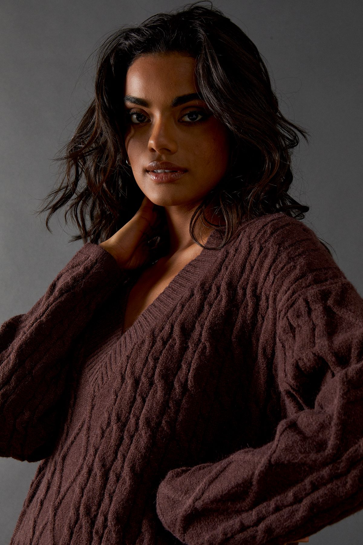 Warehouse Cosy Cable Knit V Neck Maxi Jumper Dress Chocolate image 2