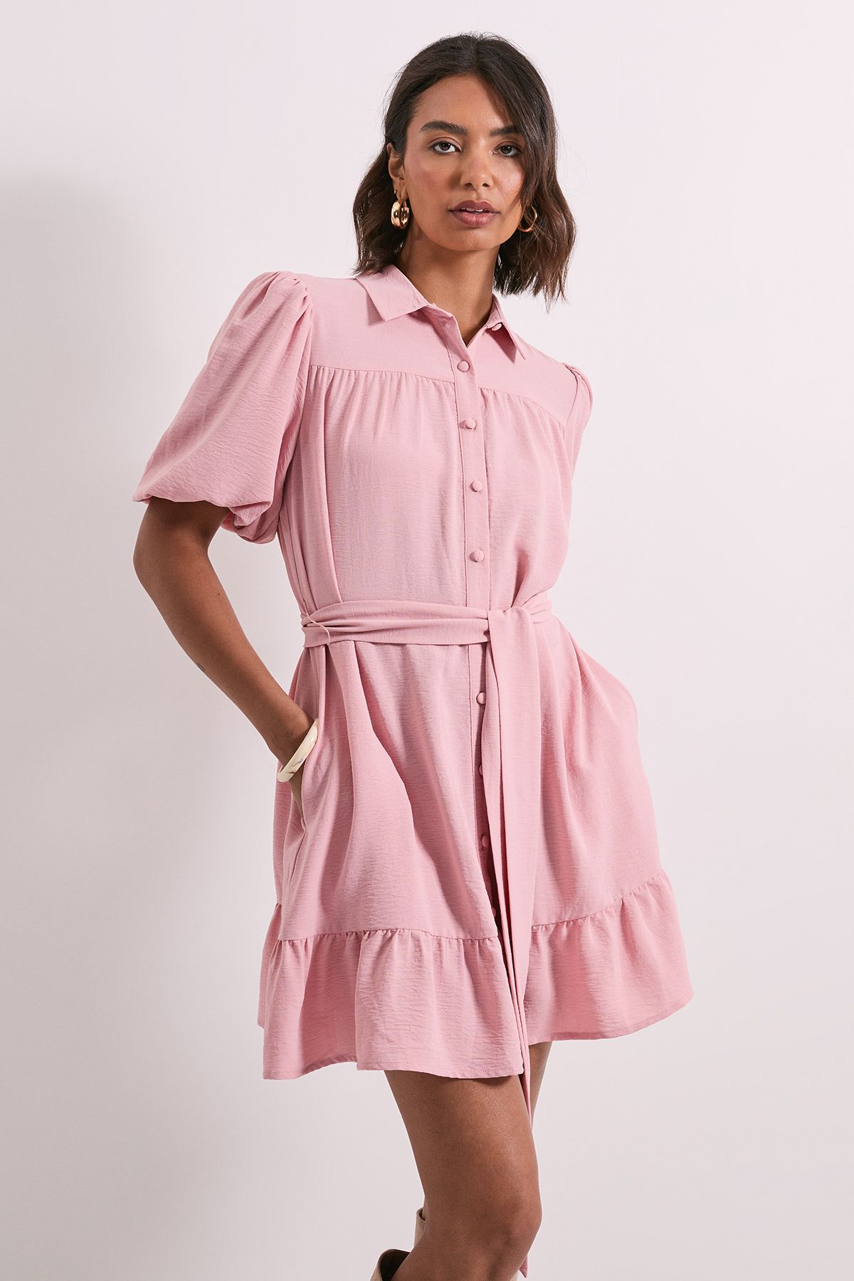 Dorothy Perkins Puff Sleeve Belted Mini Shirt Dress Dusty Rose image 1