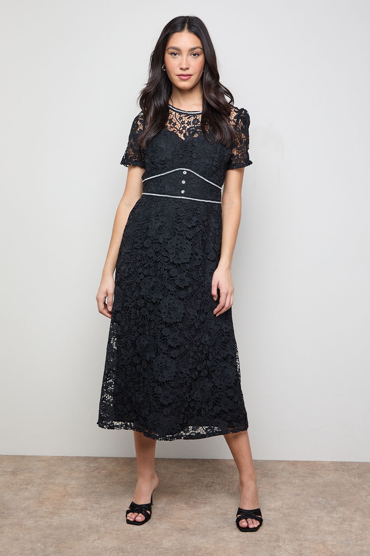 Oasis Lace Diamonte Trim Tea Dress Black image 1