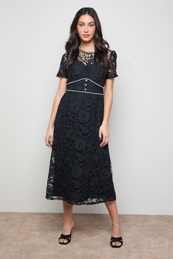 Oasis Lace Diamonte Trim Tea Dress Black
