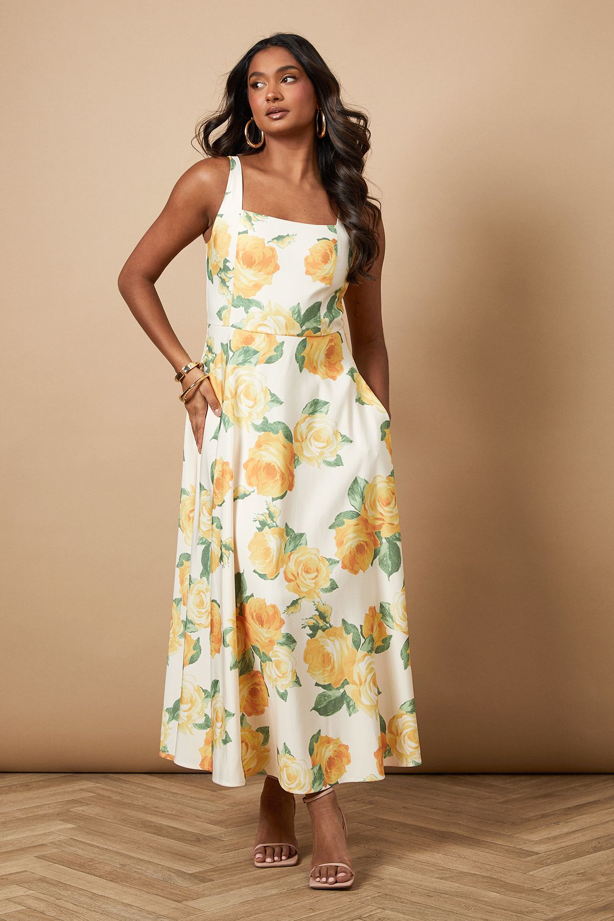 Oasis Floral Square Neck Maxi Dress Ivory