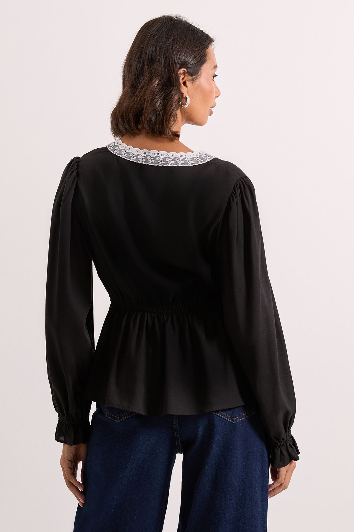 Dorothy Perkins Lace Trim Blouson Sleeve Peplum Top Black image 3