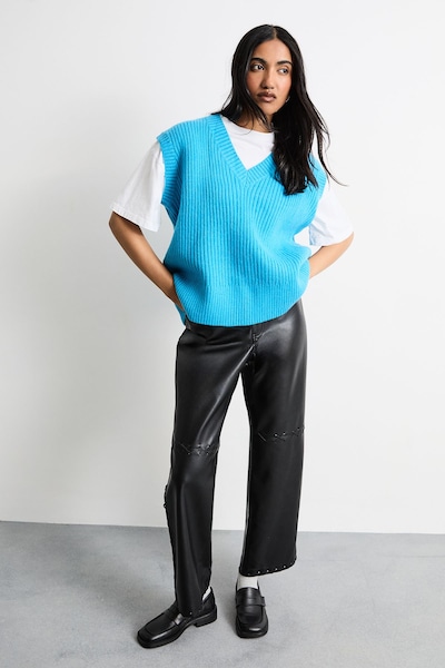 Warehouse Faux Leather Whipstitch Detail Straight Leg Trouser Black