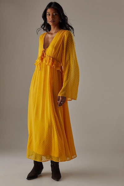 Warehouse Dobby Chiffon Plunge Neck Ruffle Midi Smock Dress Yellow