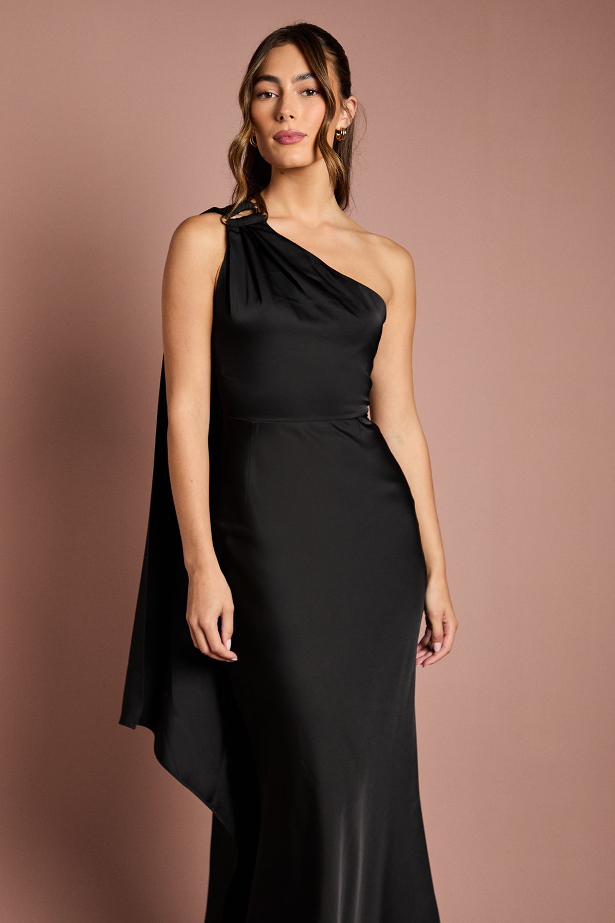 Coast One Shoulder Satin Maxi Bridesmaid Dress With Gold Trim Black image 4
