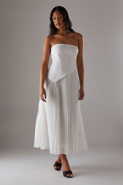 Warehouse Bandeau Bodice Pleated Chiffon Midi Dress Ivory