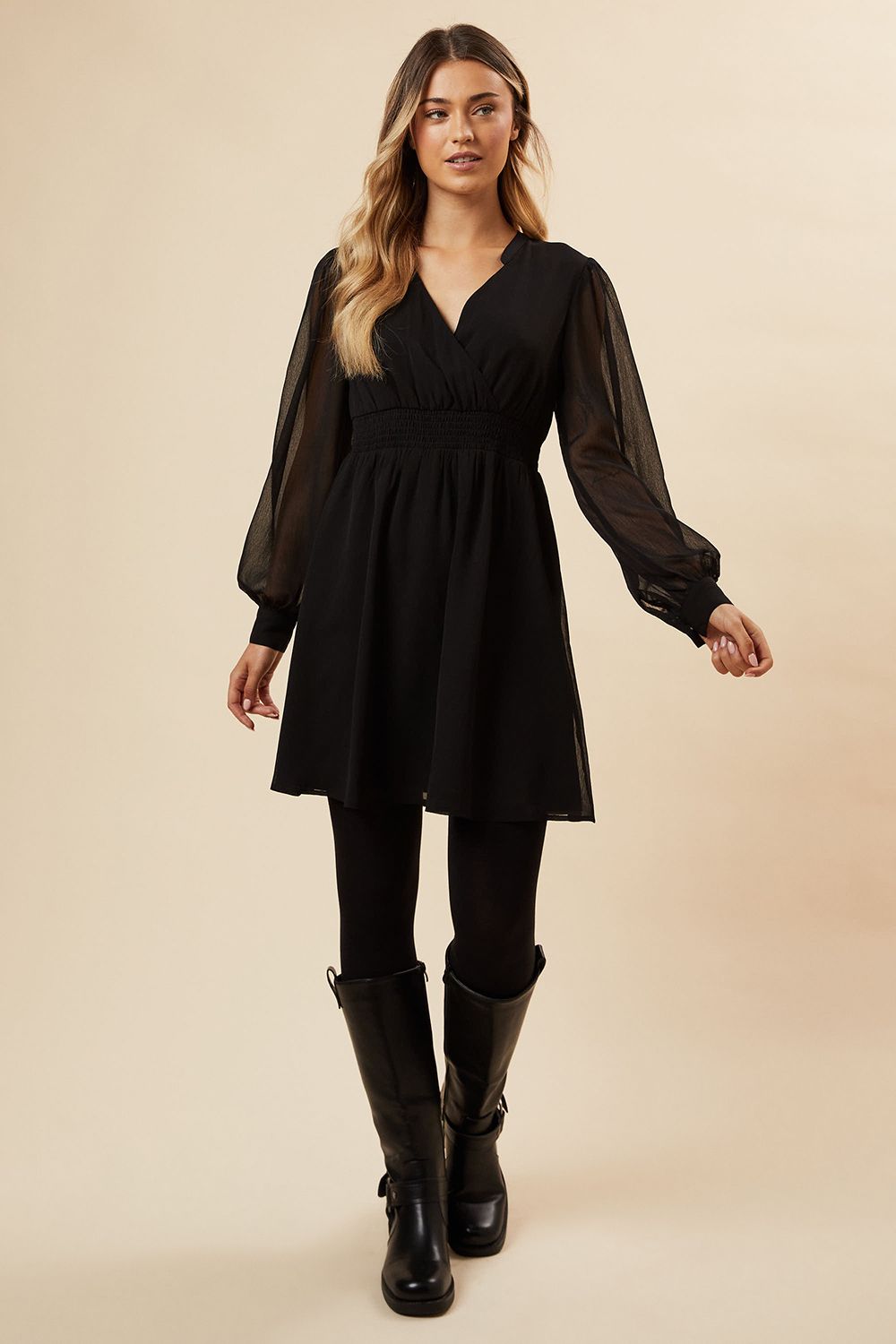 Dorothy Perkins Black Chiffon Long Sleeve Shirred Waist Mini Dress Black image 4