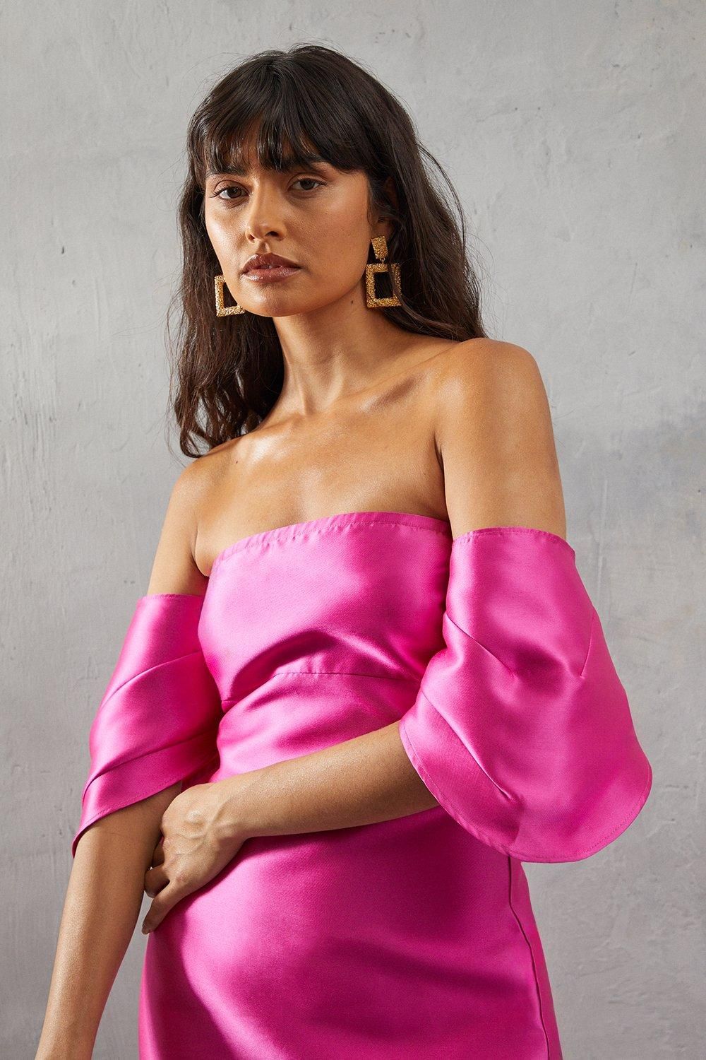 Warehouse Structured Puff Sleeve Bardot Midi Dress Hot Pink image 4