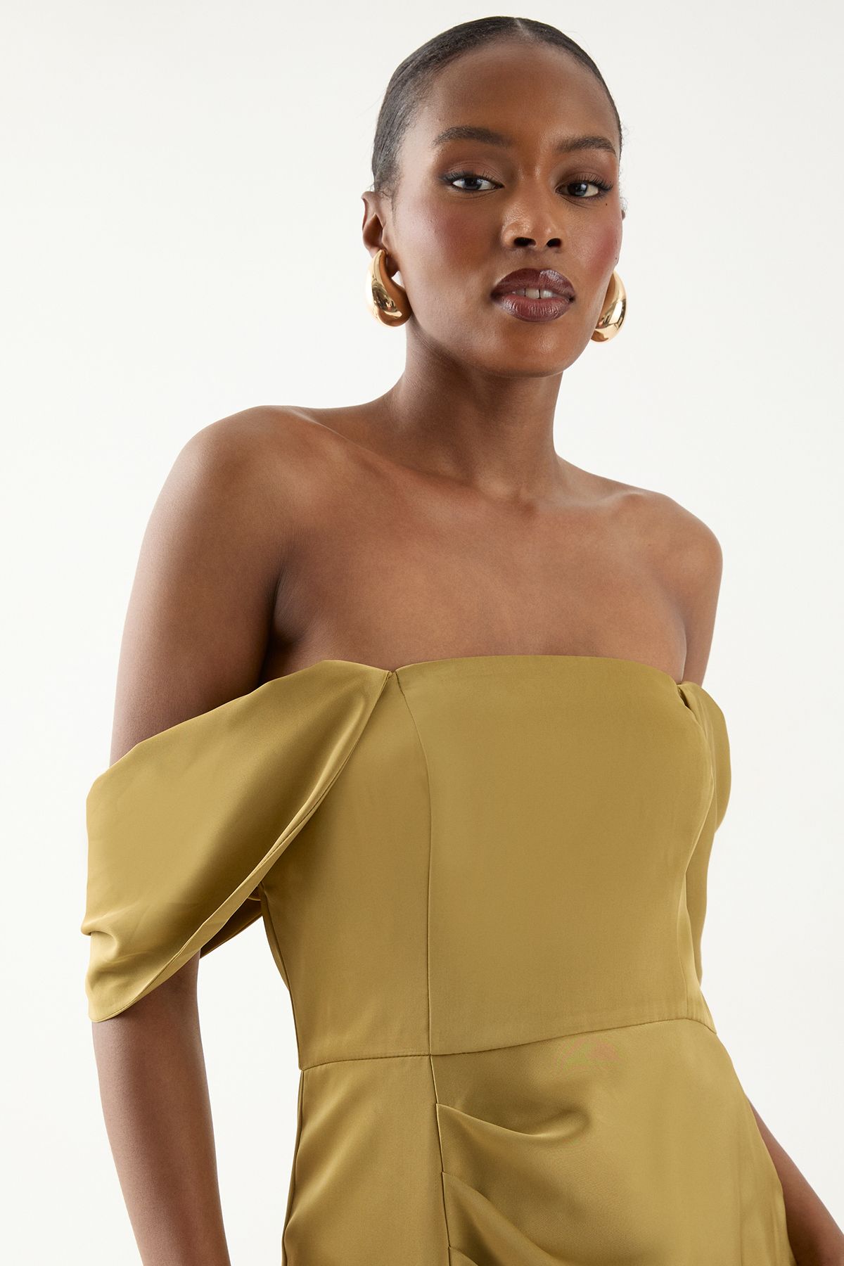 MissPap Bardot Ruched Satin Bridesmaid Dress Olive image 4