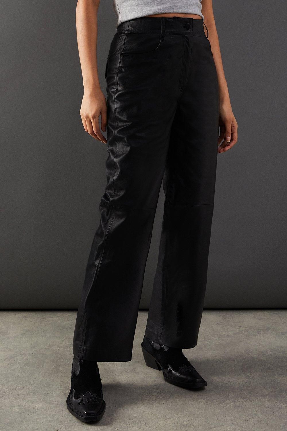 Warehouse Real Leather Wide Leg Trousers Black image 4