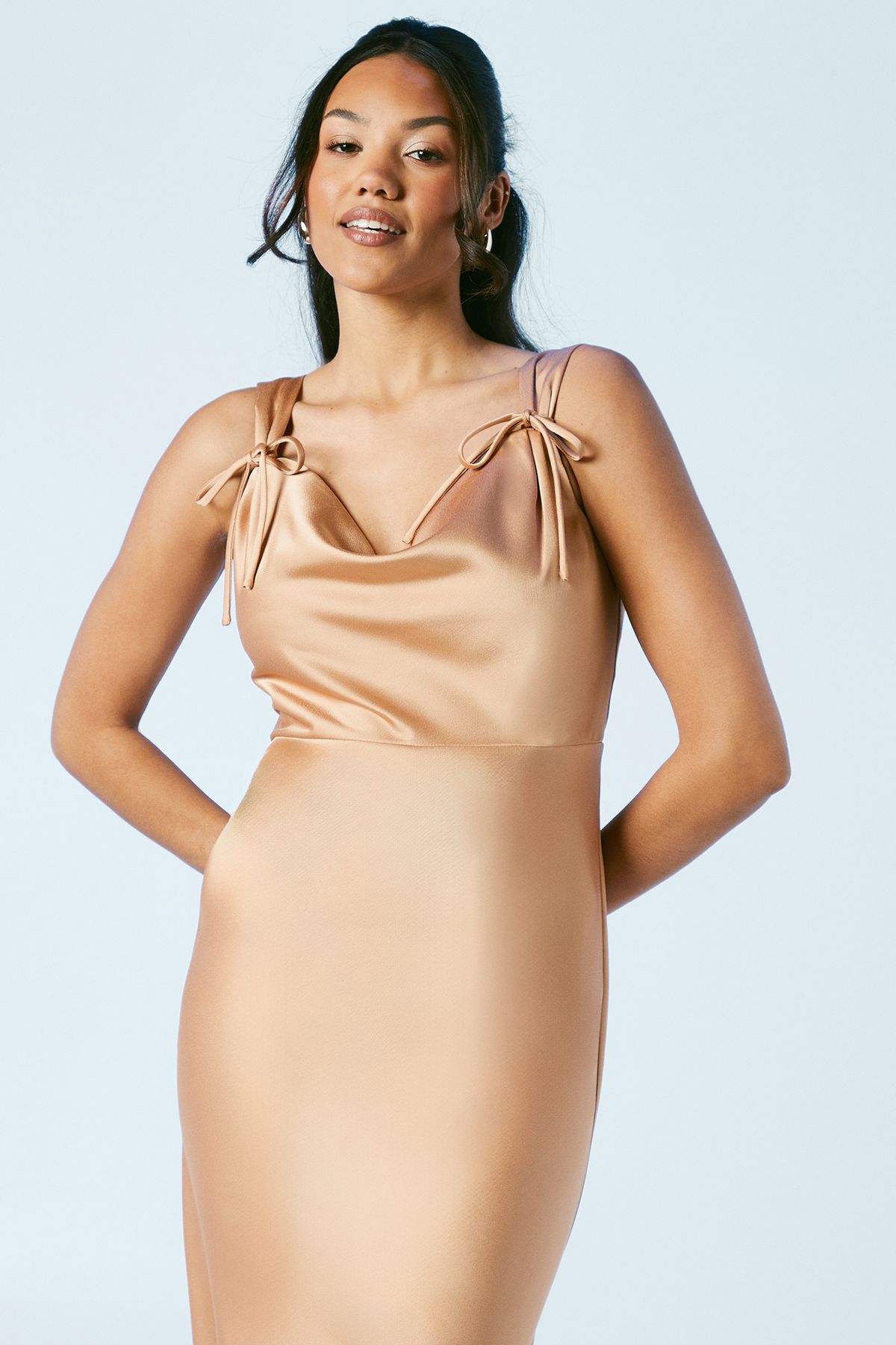 Oasis Bow Strap Detail Satin Midi Bridesmaid Dress Biscuit image 4