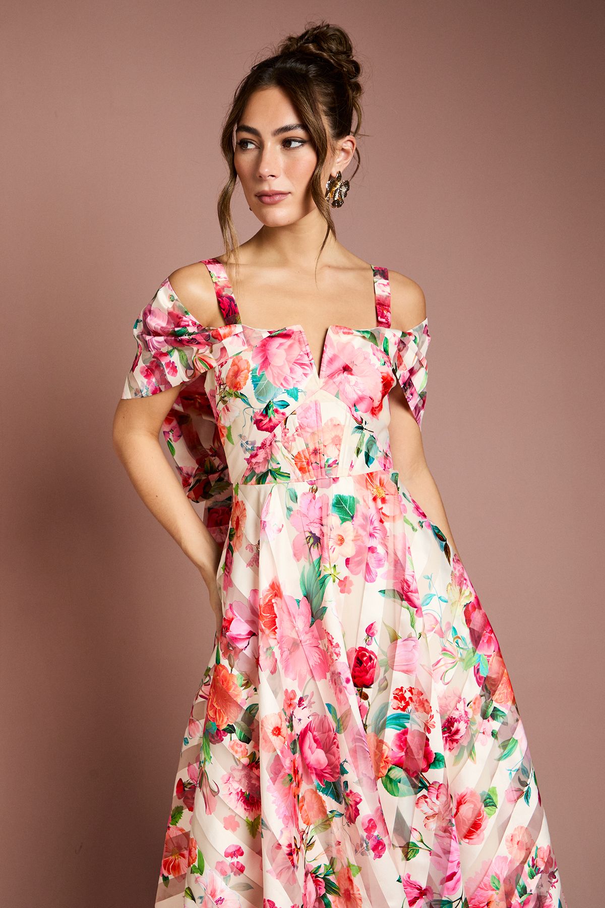 Coast Printed Organza Bardot Midi Dress Cream image 2