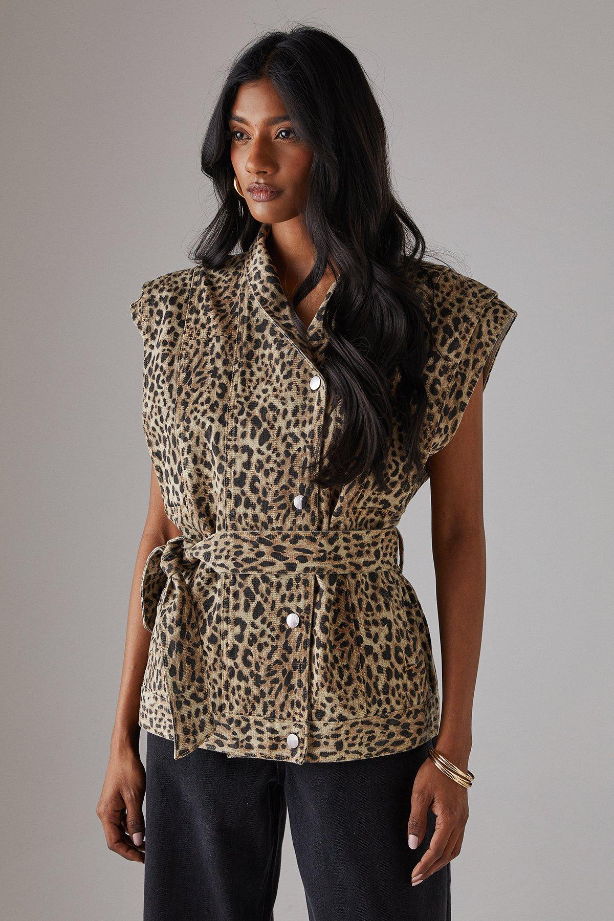 Warehouse Leopard Print Sleeveless Denim Jacket Animal image 2