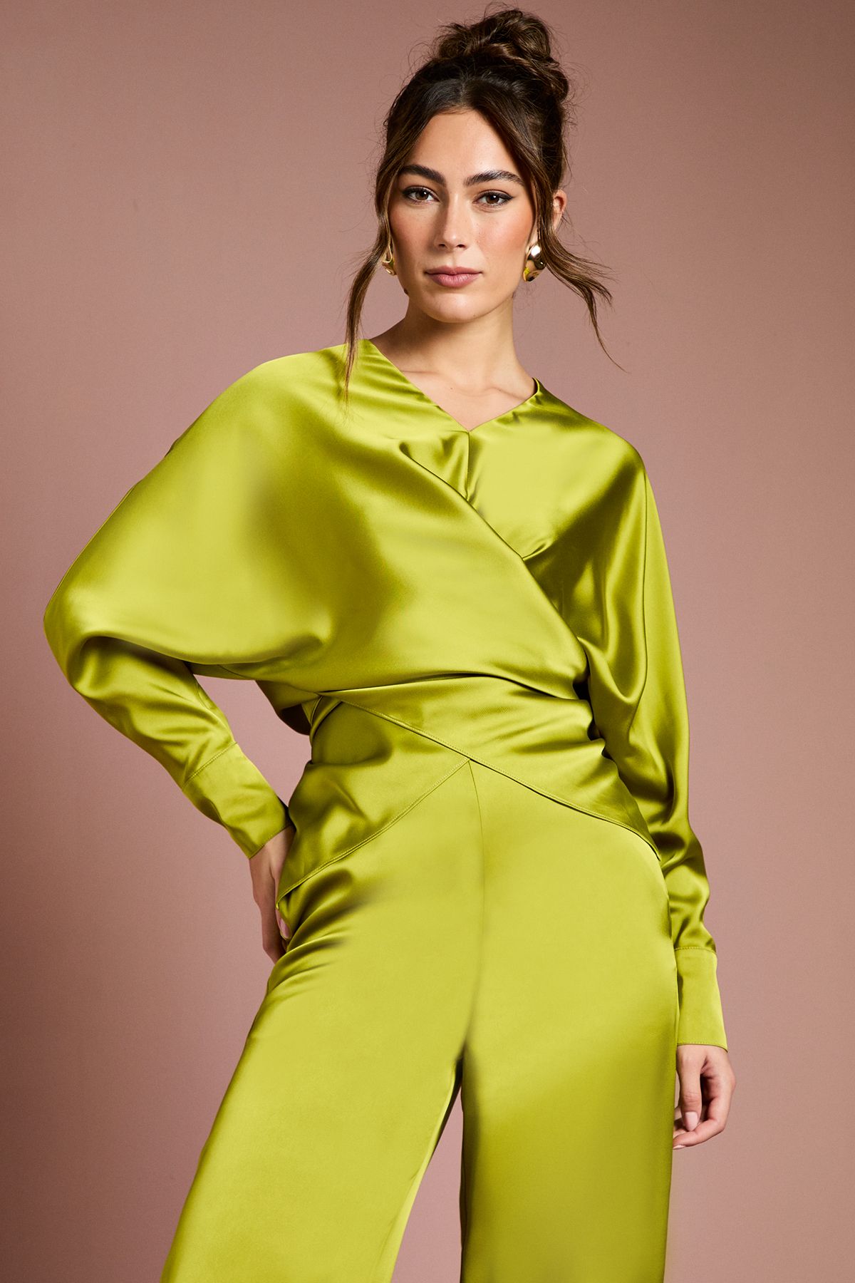 Coast V Neck Satin Wrap Waist Top Chartreuse image 1