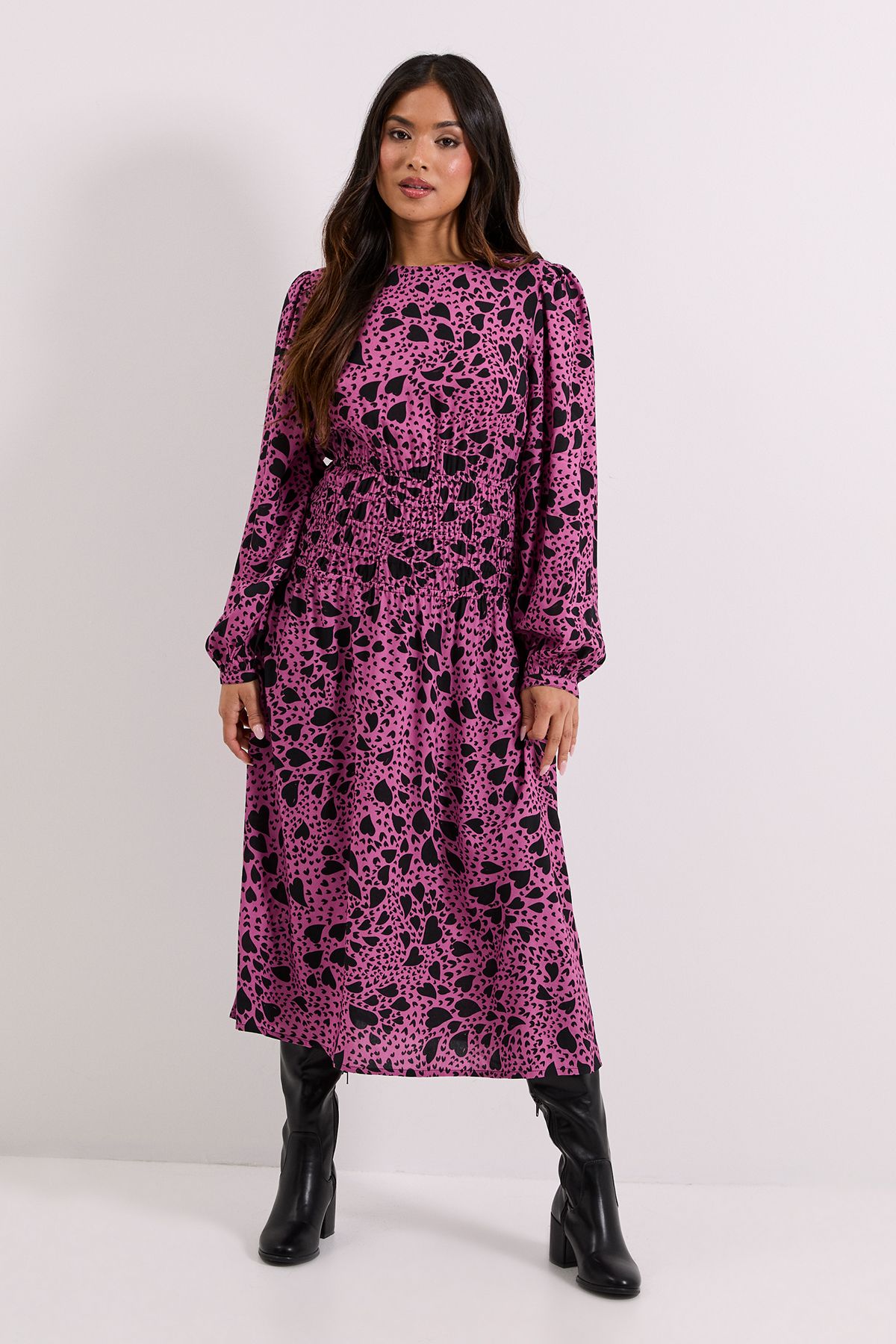 Dorothy Perkins Petite Shirred Dropped Waist Detail Printed Midi Dress Pink