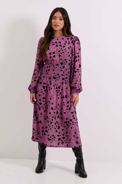 Dorothy Perkins Petite Shirred Dropped Waist Detail Printed Midi Dress Pink