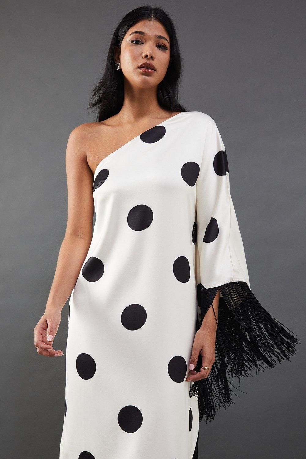 Warehouse Premium Fringe Trim One Shoulder Midi Dress Ivory image 4