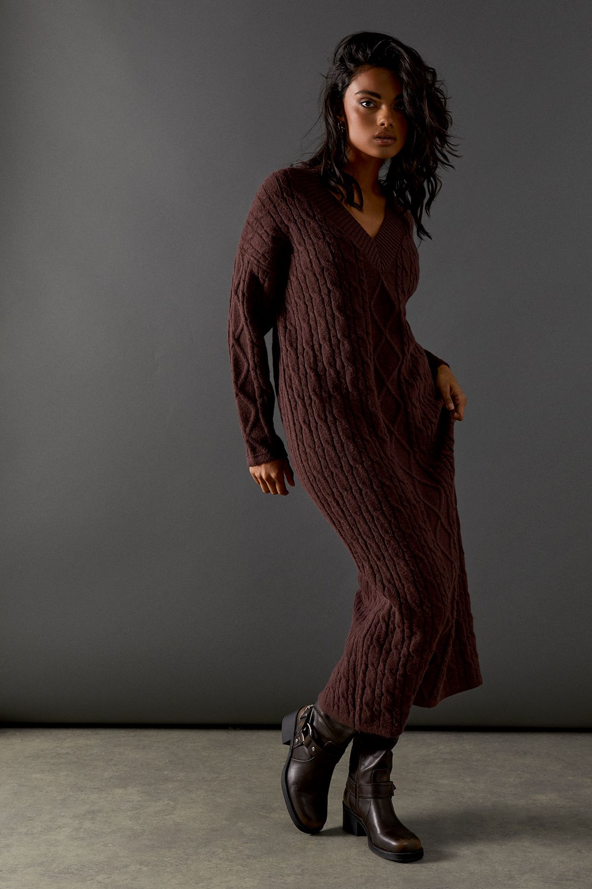 Warehouse Cosy Cable Knit V Neck Maxi Jumper Dress Chocolate image 1