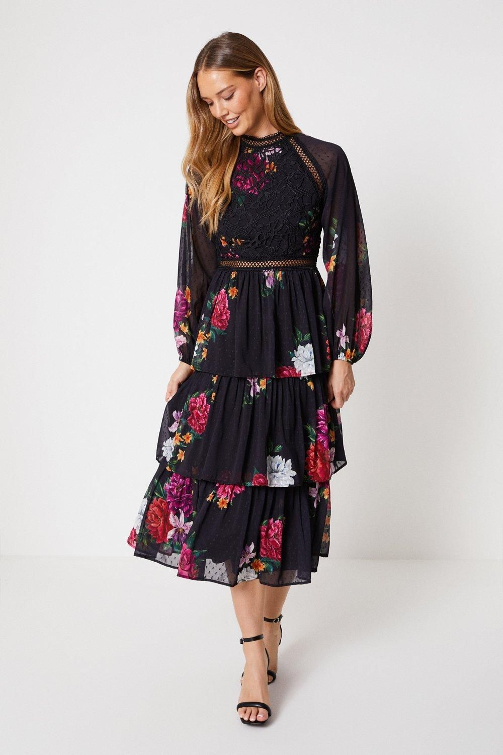 Oasis Floral Lace Trim Dobby Chiffon Tiered Midaxi Dress Black image 4