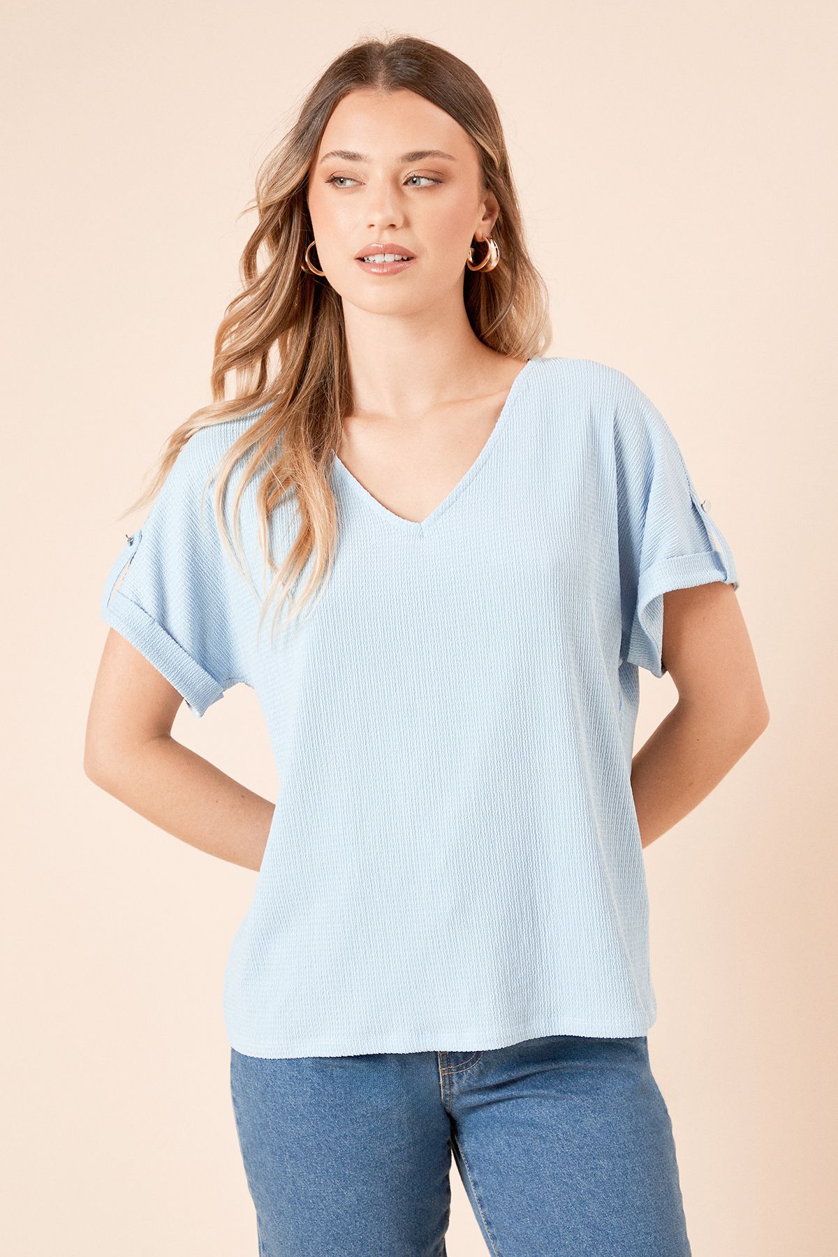 Dorothy Perkins V Neck Roll Sleeve Jersey Top Blue image 2