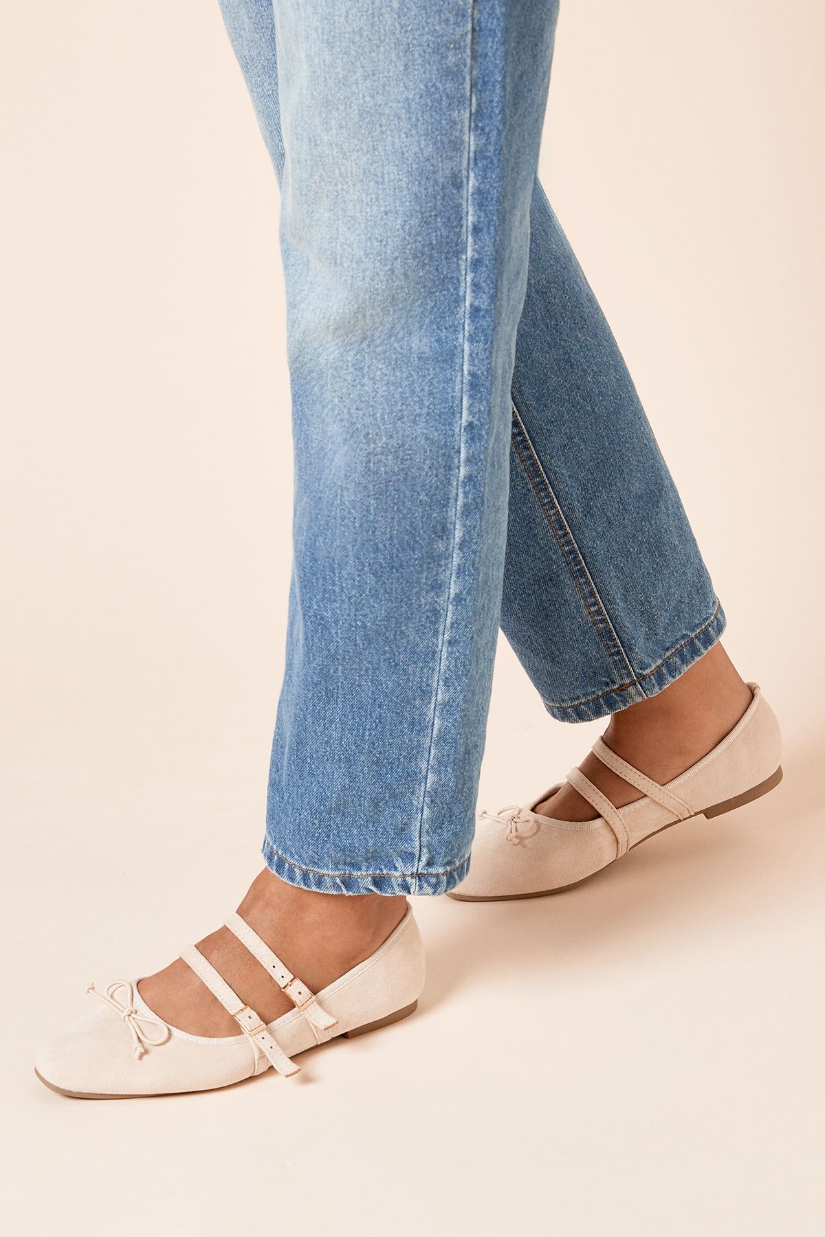 Dorothy Perkins Margaret Faux Suede Cross Strap Mary Jane Flat Ballet Pumps Beige image 1