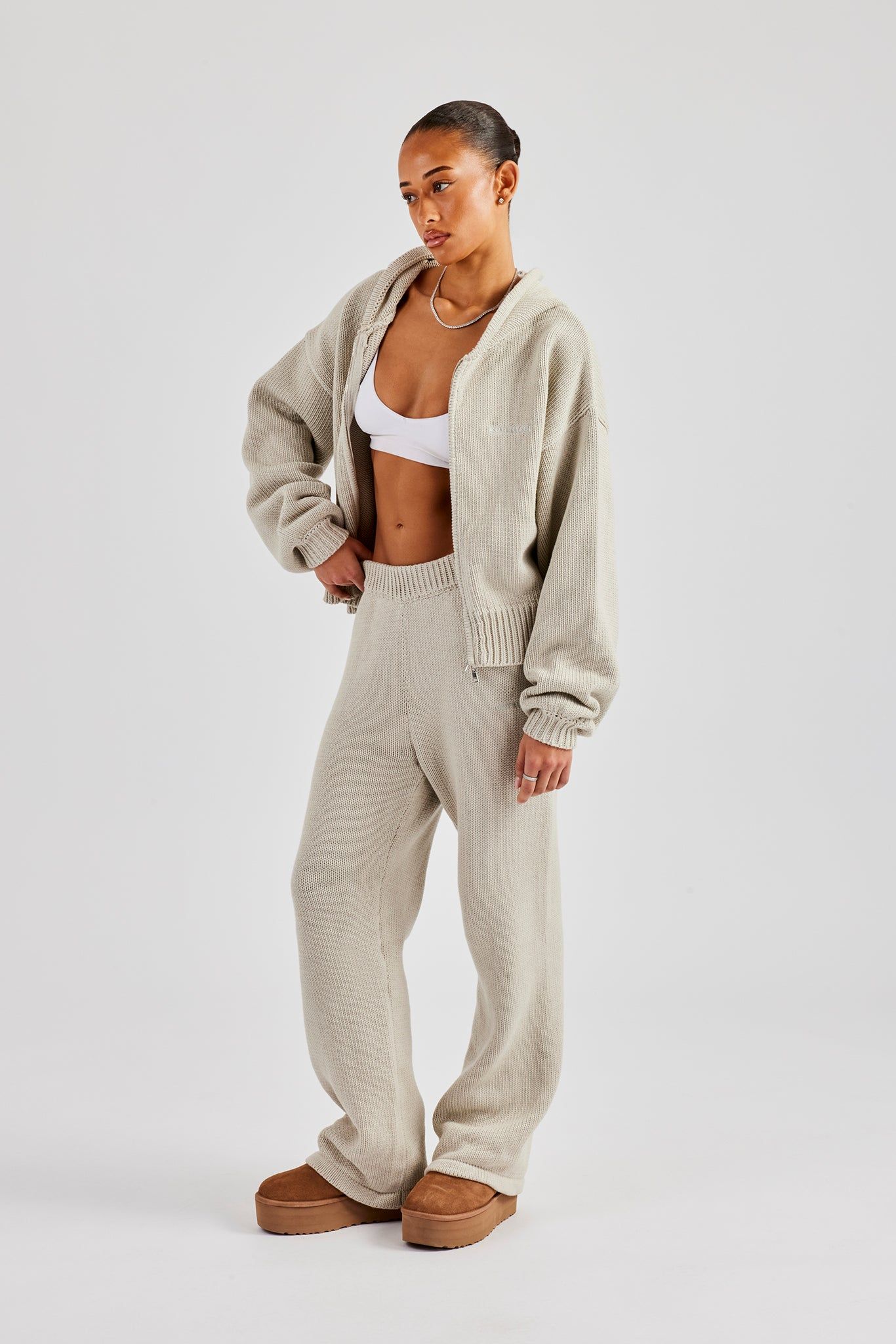 Cernucci Knitted Embroidered Zip Through Hoodie - Stone image 2