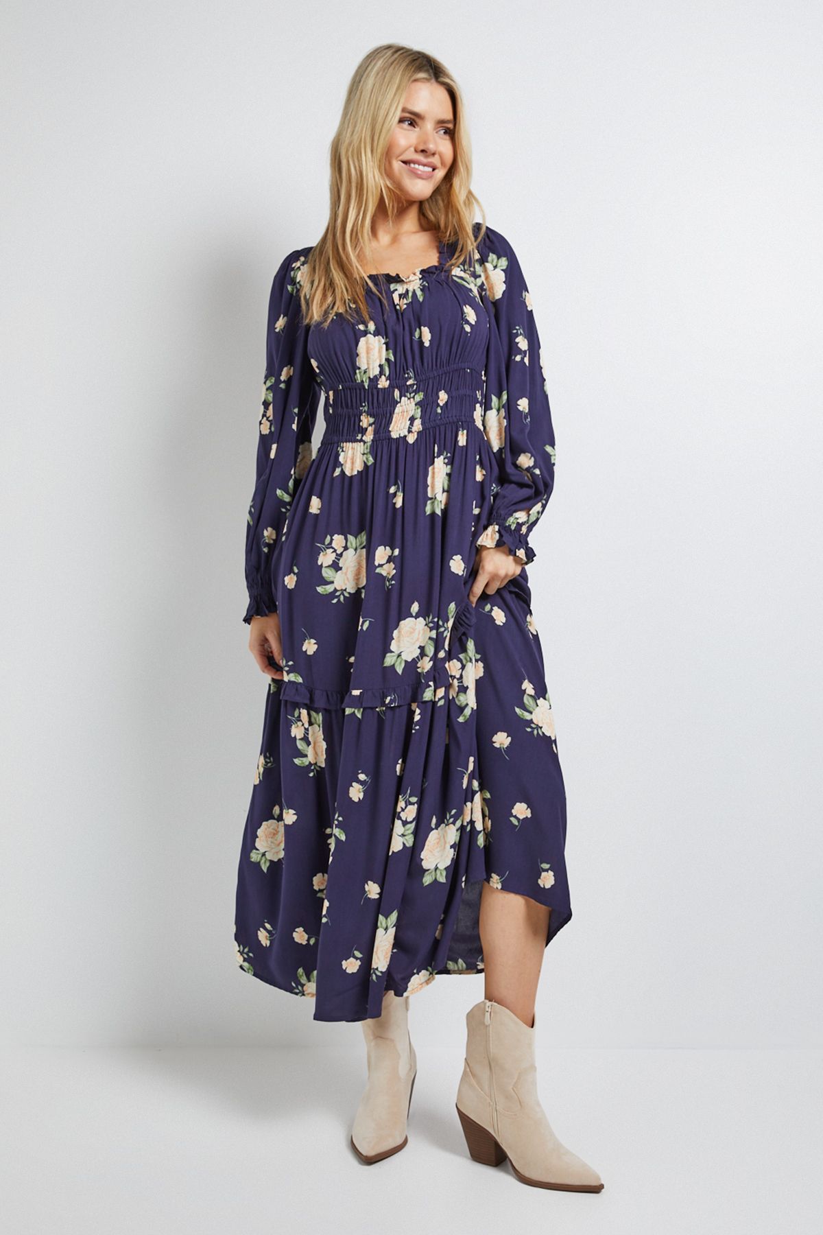 Dorothy Perkins Navy Floral Square Neck Blouson Sleeve Tiered Maxi Dress Navy