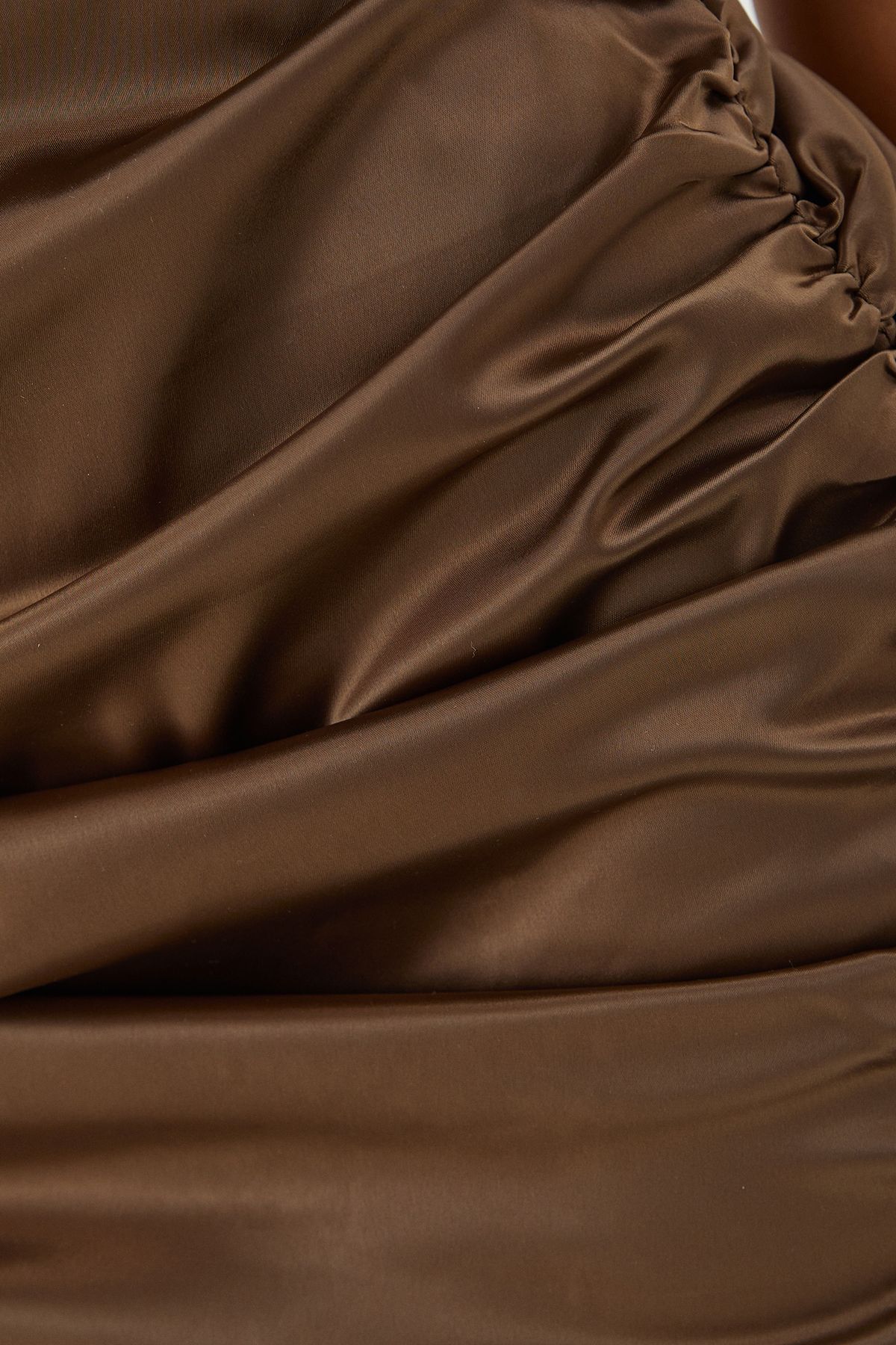 MissPap Satin Ruched High Neck Mini Dress Chocolate image 5