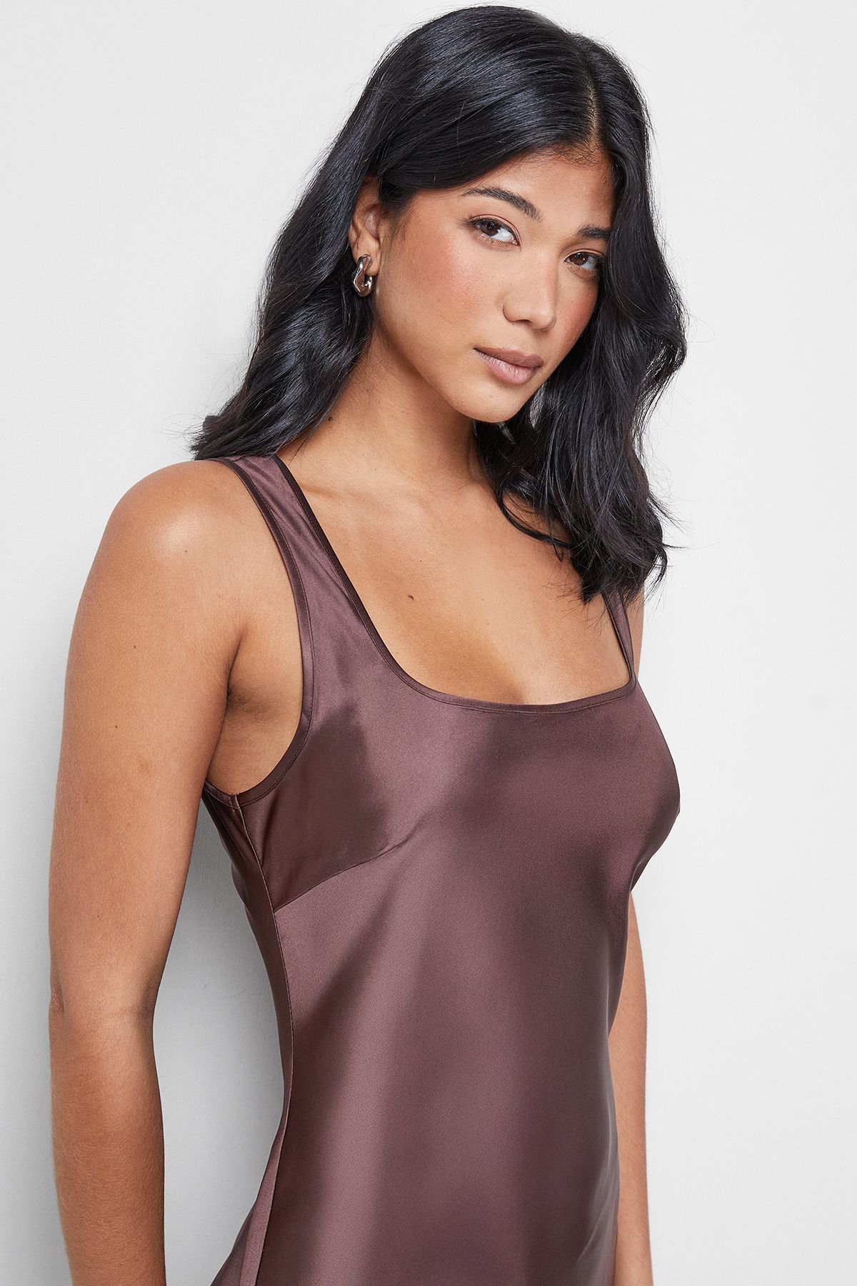 Warehouse Satin Scoop Neck Bias Midi Slip Dress Chocolate image 4