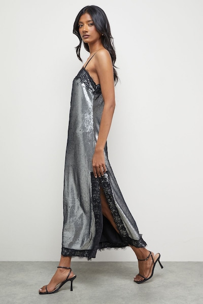 Warehouse Sequin Lace Trim Square Neck Midi Slip Dress Gun Metal