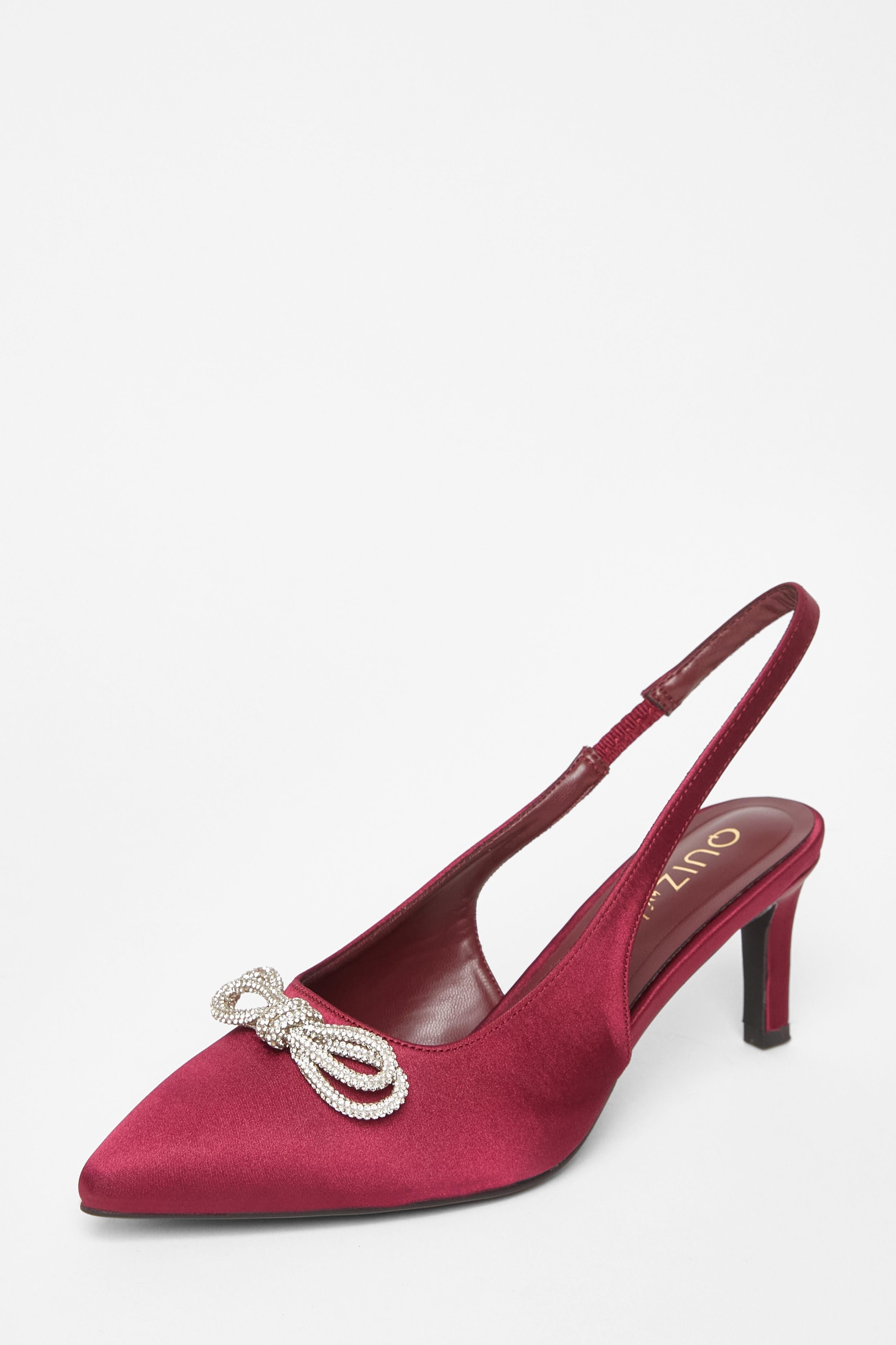 Quiz Burgundy Wide Fit Diamante Bow Court Heels image 1