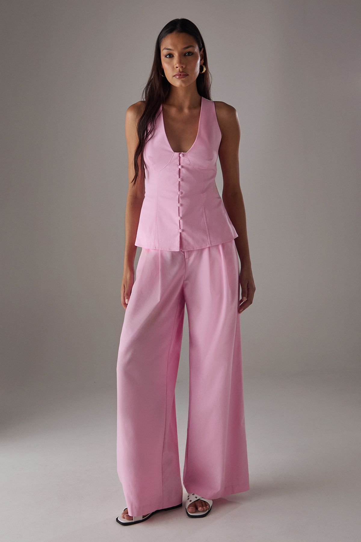 Warehouse Linen Blend Button Through Sleeveless Top Pink image 4