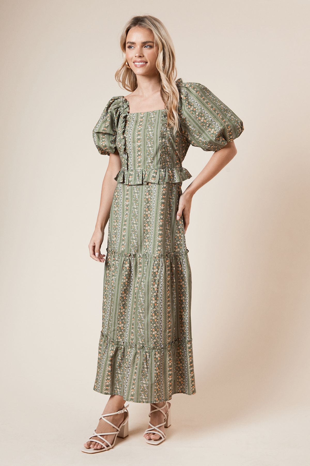 Dorothy Perkins Petite Green Linear Poplin Ruffle Square Neck Midi Dress Green image 1