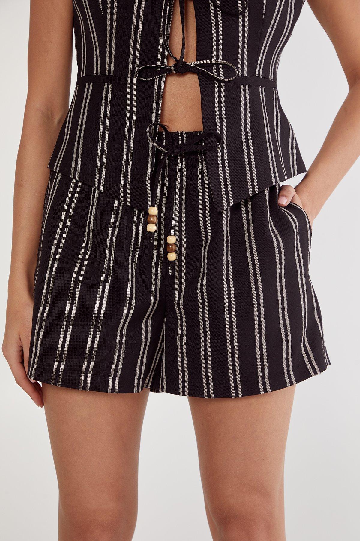 NastyGal (Az) Stripe Tailored Beaded Tie Front Shorts Black