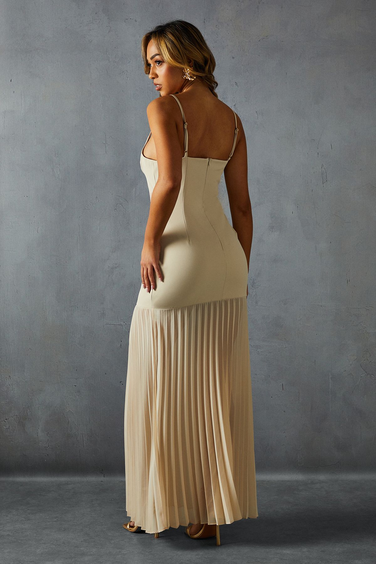 MissPap Square Neck Pleated Chiffon Maxi Dress Nude image 3