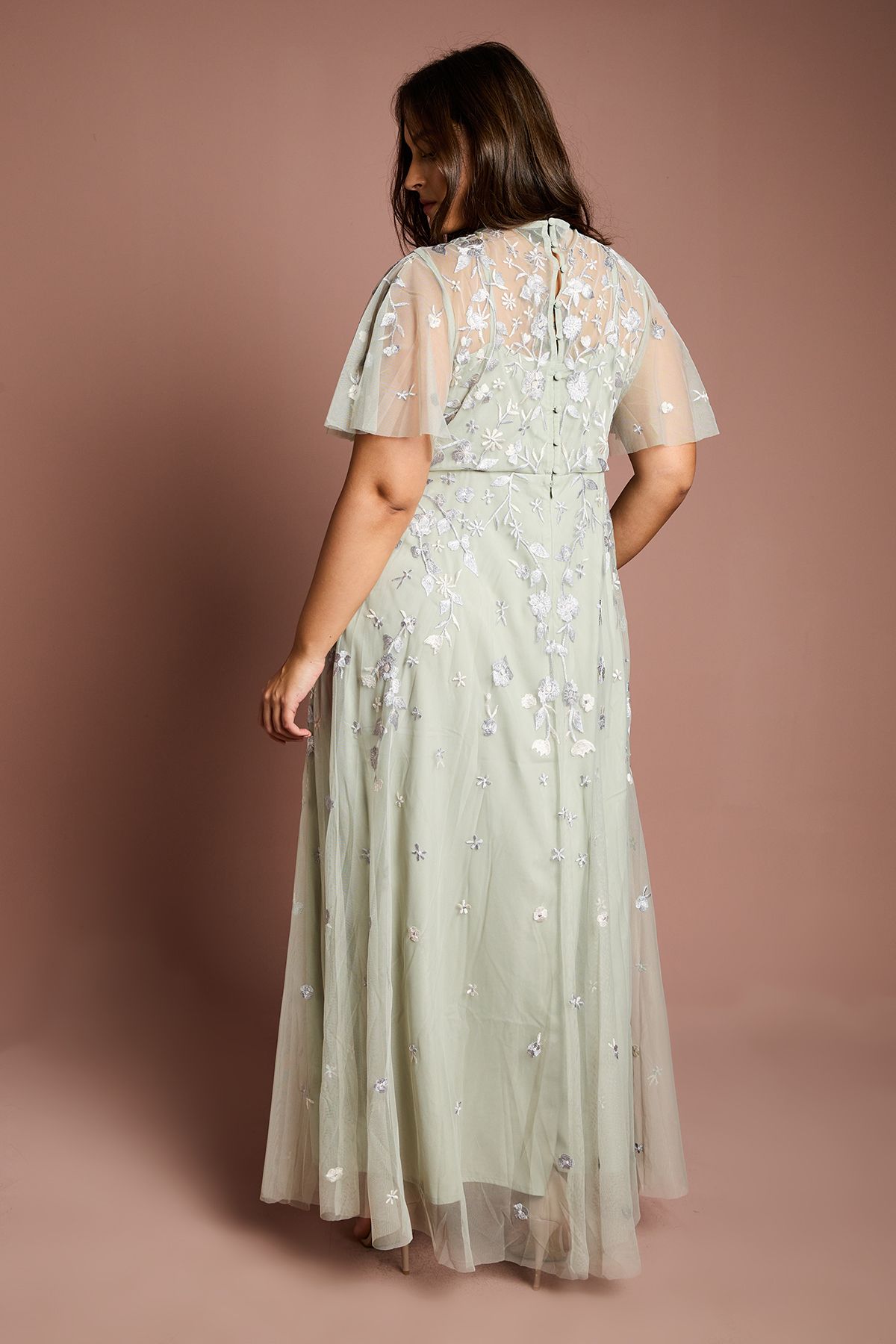 Coast Plus Size Embroidered Angel Sleeve Bridesmaid Maxi Dress Sage image 3