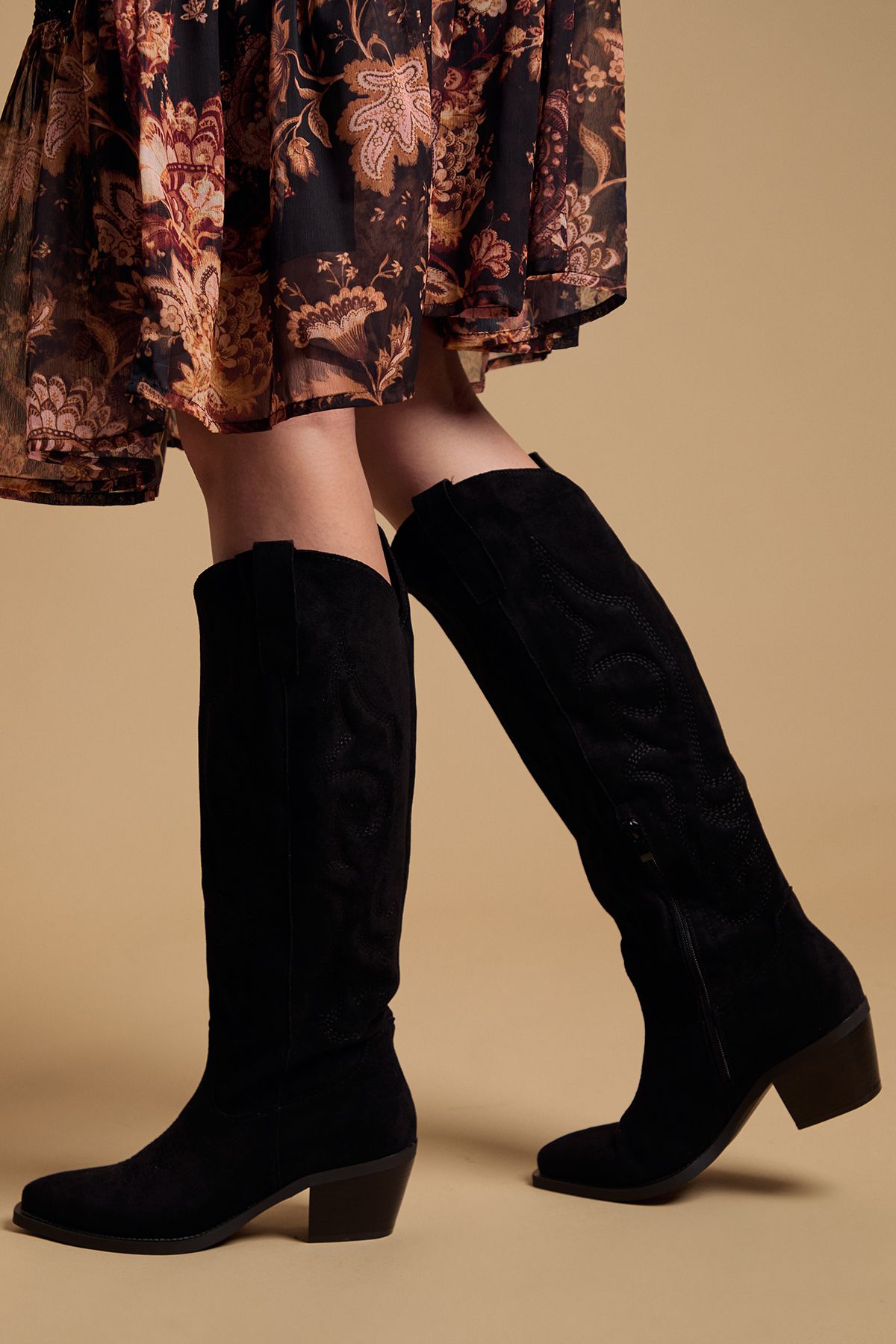 Oasis Jess Faux Suede Embroidered Western Knee Boots Natural Black image 1