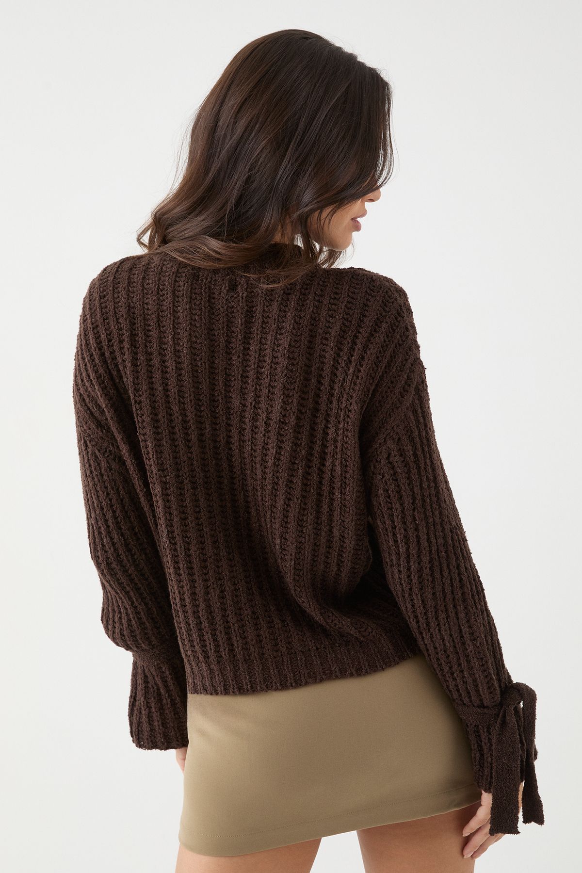 MissPap Knitted Tie Sleeve Oversized Jumper Chocolate image 3