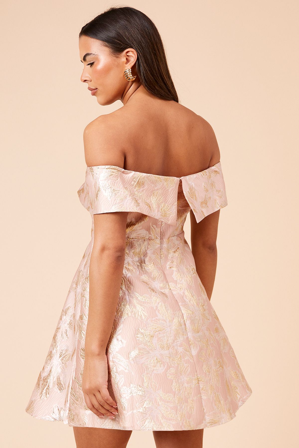 Dorothy Perkins DP Luxe Jacquard Fold Over Bardot Mini Dress Peach image 3