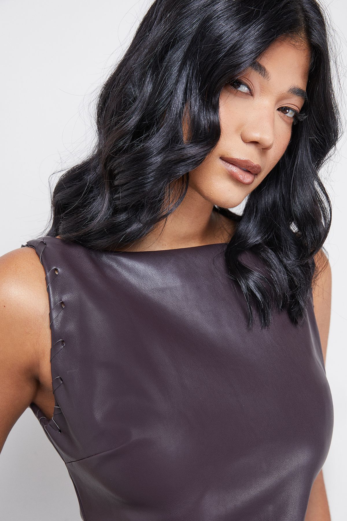 Warehouse Faux Leather Whipstitch Detail Sleeveless Midi Dress Oxblood image 4