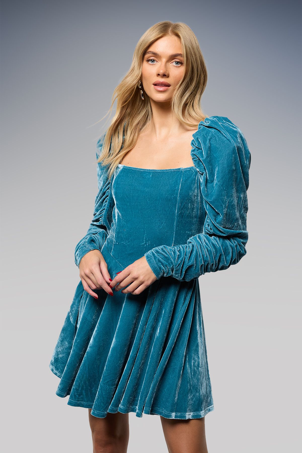 Oasis Puff Sleeve Mini Skater Dress Teal image 2