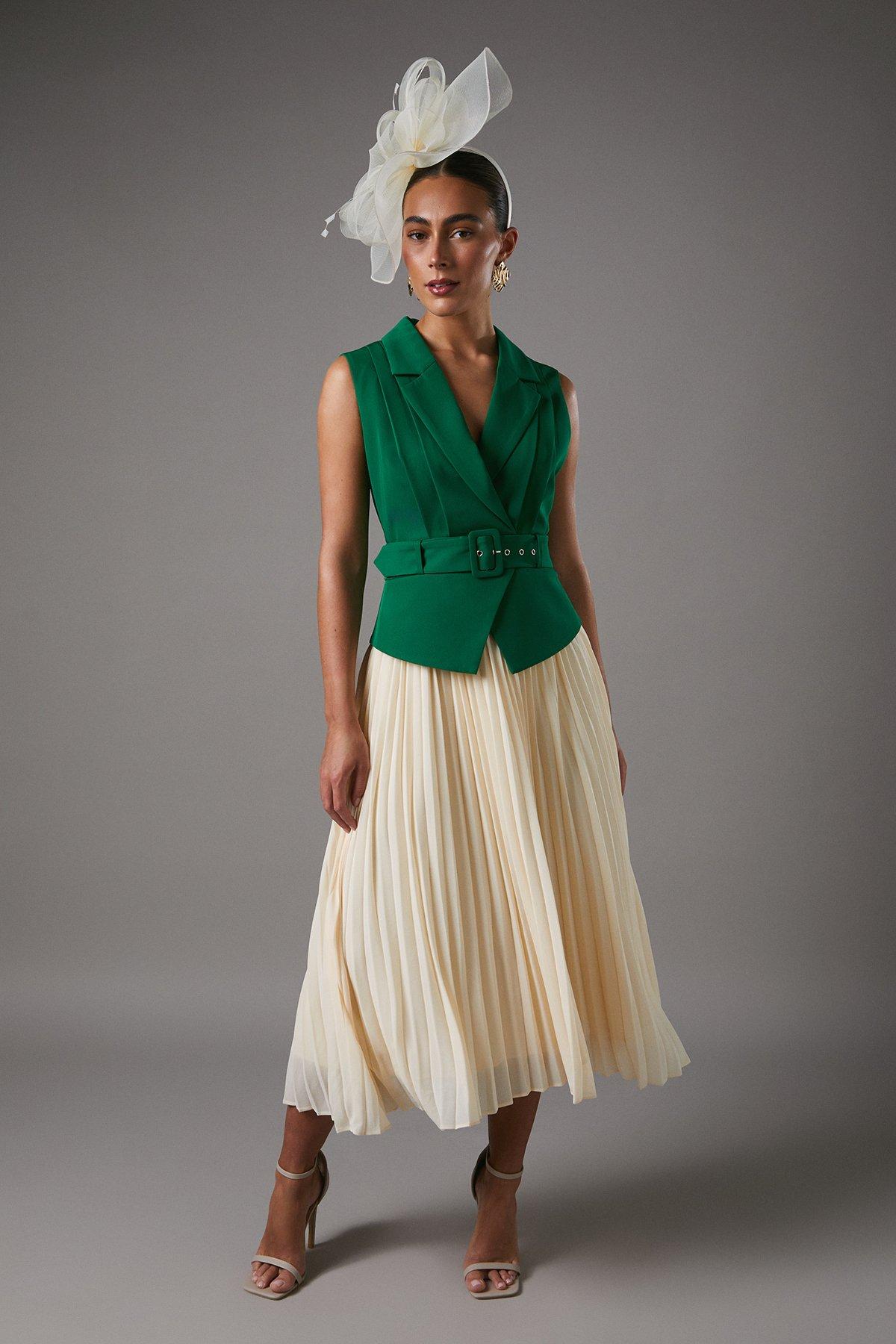 Coast Sleeveless Crepe Midi Dress With Chiffon Pleated Skirt Green